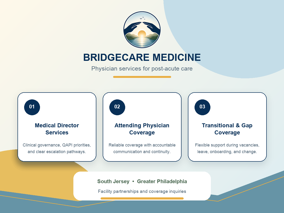 BridgeCare Medicine services overview: medical director services, attending physician coverage, and transitional or gap coverage